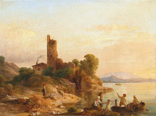 Kroly Mark - Italian Landscape with Fishermen on the Lake.webp