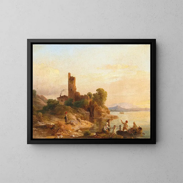 Italian landscape with fishermen on the lake - Károly Markó — framed artwork on a wall