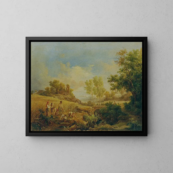 Landscape with Hay Harvest - Károly Markó — framed artwork on a wall