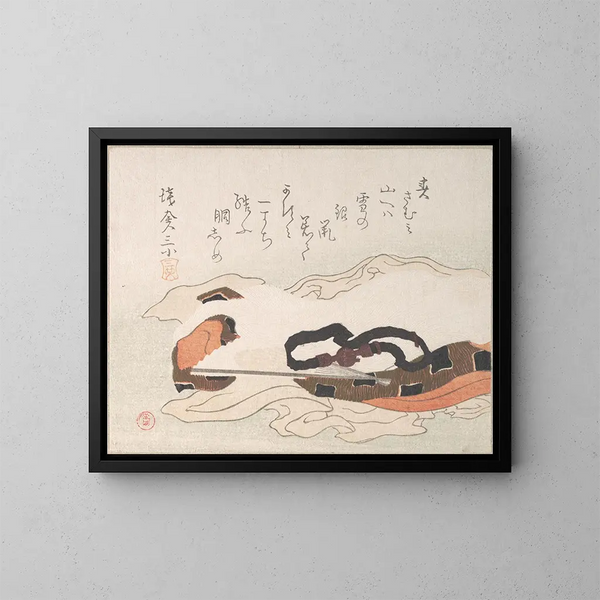 Ceinture en waaier op een stuk stof - Kubo Shunman — ingelijst kunstwerk aan de muur