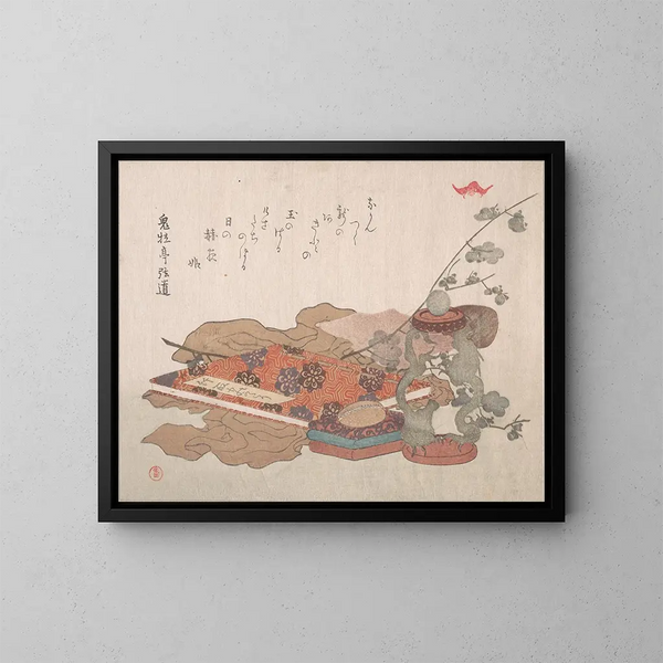 Boeksteun met een kristallen bol en een stuk stof - Kubo Shunman — ingelijst kunstwerk aan de muur