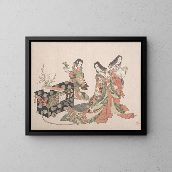Vrouwen aan het hof die een kast op de grond slepen - Kubo Shunman — ingelijst kunstwerk aan de muur