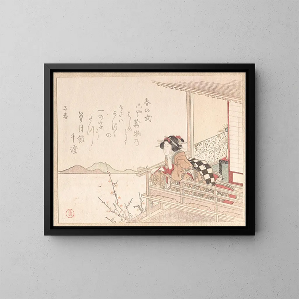 van een courtisane die leunt op de balustrade van een serre - Kubo Shunman — ingelijst kunstwerk aan de muur