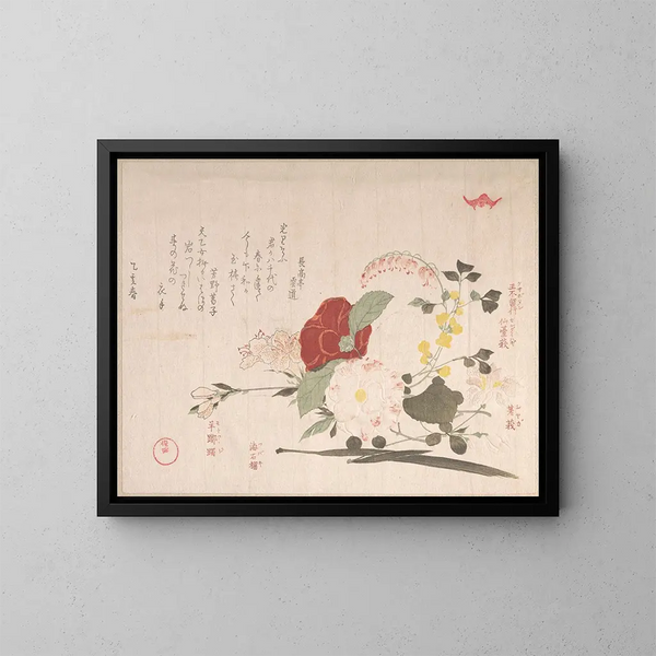 Bloemen snijwerk: clematis, klaverstruik, iris, kamelia en azalea - Kubo Shunman — ingelijst kunstwerk aan de muur