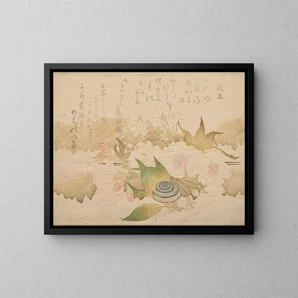 Poëmen van het Nieuwe Jaar, slak en kersenbloesems - Kubo Shunman — ingelijst kunstwerk aan de muur