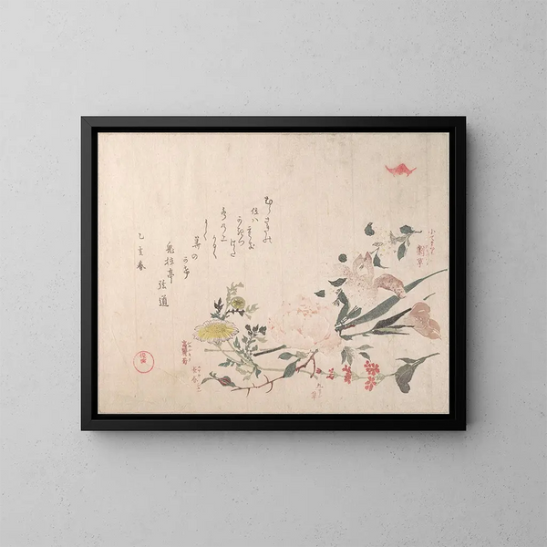 Roos, iris, primula en madeliefje - Kubo Shunman — ingelijst kunstwerk aan de muur