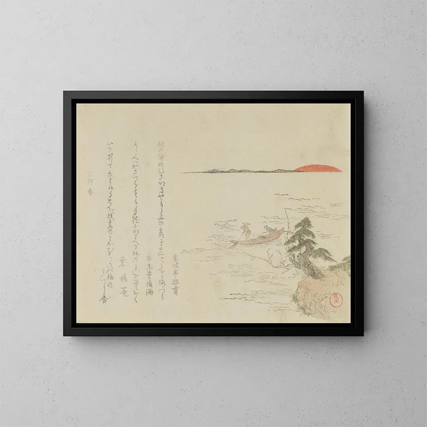 Zonsopgang met een visser in een boot - Kubo Shunman — ingelijst kunstwerk aan de muur