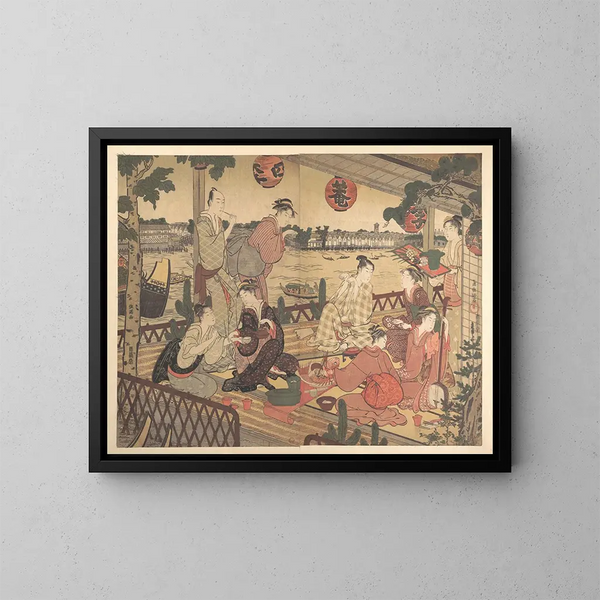 van Twee jonge mannen en meerdere vrouwen die dineren in een theehuis aan de oever van de Sumida-rivier - Kubo Shunman — ingelijst kunstwerk aan de muur