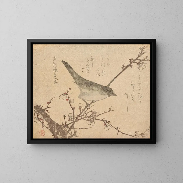 Fauvette sur une branche de prunier - Kubo Shunman — ingelijst kunstwerk aan de muur