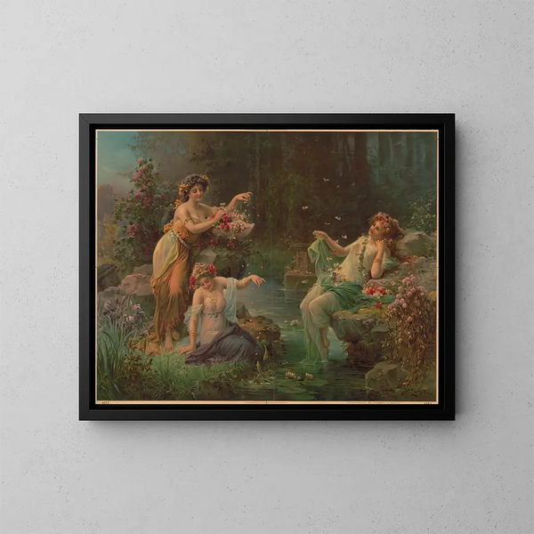 three women in draped fabric with flowers and butterflies - Kunstanstalten AG — framed artwork on a wall