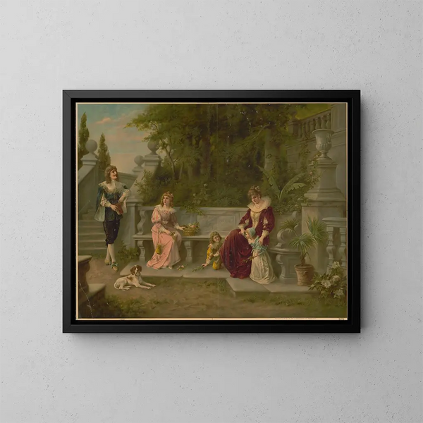 Femme, homme et enfants sur un banc dans un jardin - Kunstanstalten AG — framed artwork on a wall