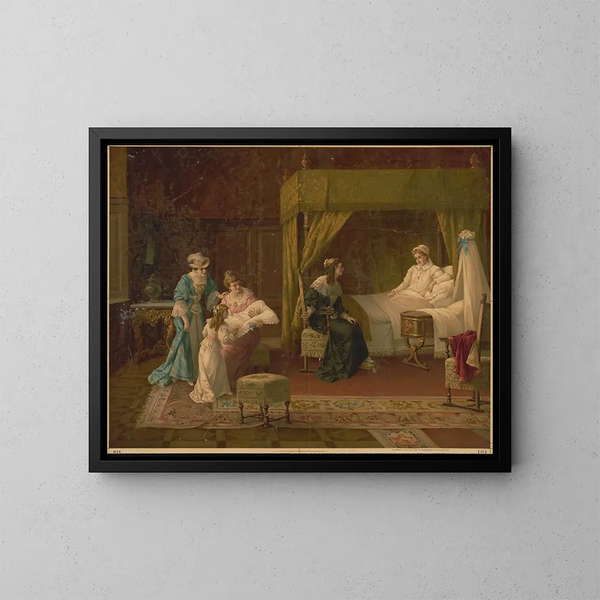 Women admiring the newborn while the mother rests in bed - Kunstanstalten AG — framed artwork on a wall