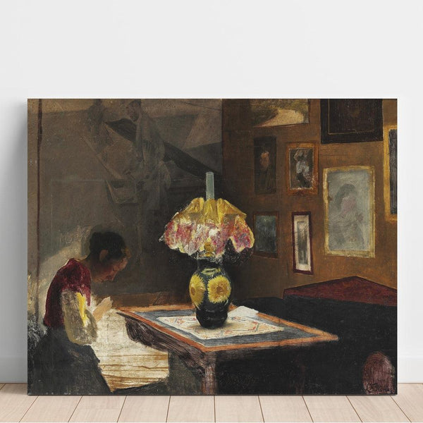 L'épouse de l'artiste Sigrid cousant à la lumière de la lampe - Laurits Andersen Ring | Reproduction Tableau Décoration murale affiche copie