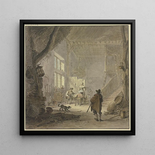 Hendrik Meyer - Das Innere eines Hauses am Fenster zwei Mnner und eine Frau im Vordergrund ein Mann von hinten.webp