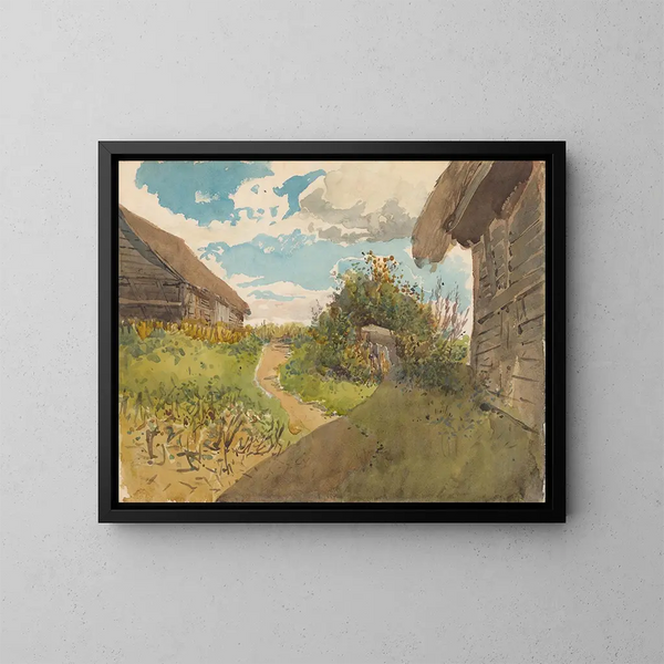 Landscape painting between hay barns - Ladislav Mednyánszky — framed artwork on a wall