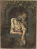 Een vrouw met ontblote borsten die een emmer uit het raam gooit, achter haar een jonge man die rookt - Lambert Antonius Claessens — weergave van het kunstwerk