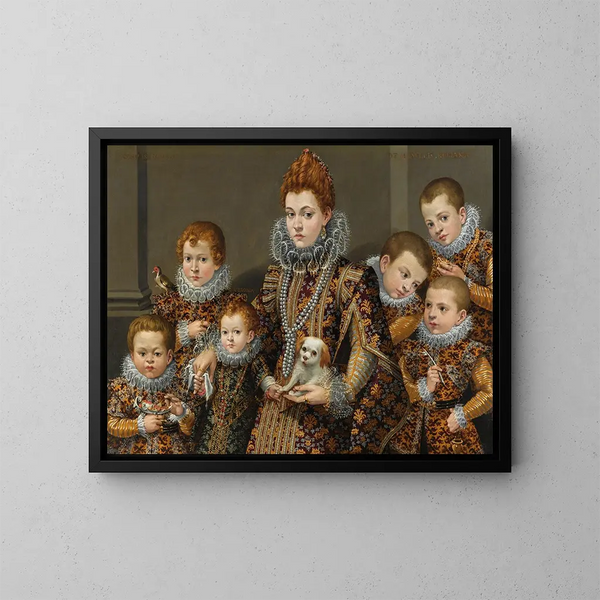 Portrait painting of Bianca Degli Utili Maselli holding a dog and surrounded by six of her children - Lavinia Fontana — framed artwork on a wall