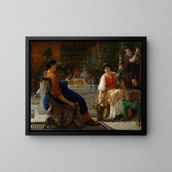 Preparations for Festivities The Floral Crown - Lawrence Alma-Tadema — framed artwork on a wall