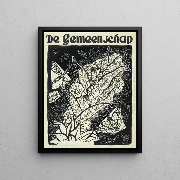 Leo Gestel - Ontwerp voor de omslag van De Gemeenschap met een voorstelling van vlinders rond bladeren en bloemen vliegend.webp