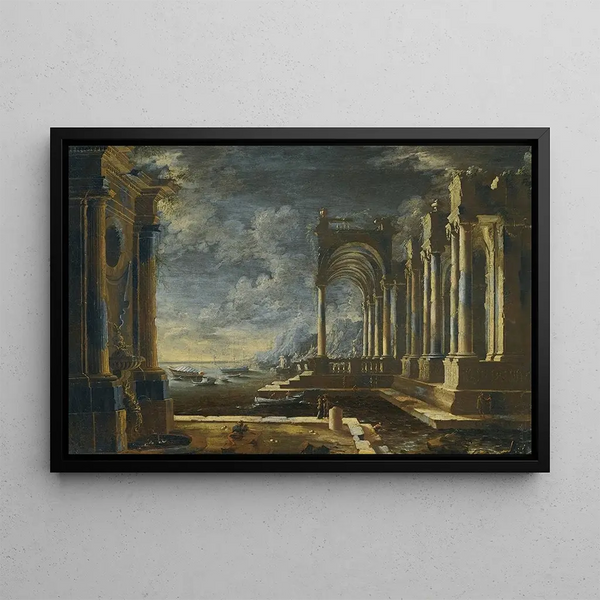 Classical ruins with fountain on the sea - Leonardo Coccorante — framed artwork on a wall