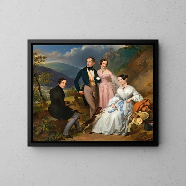 a family portrait in front of Weilburg Castle in Baden - Leopold Fertbauer — framed artwork on a wall