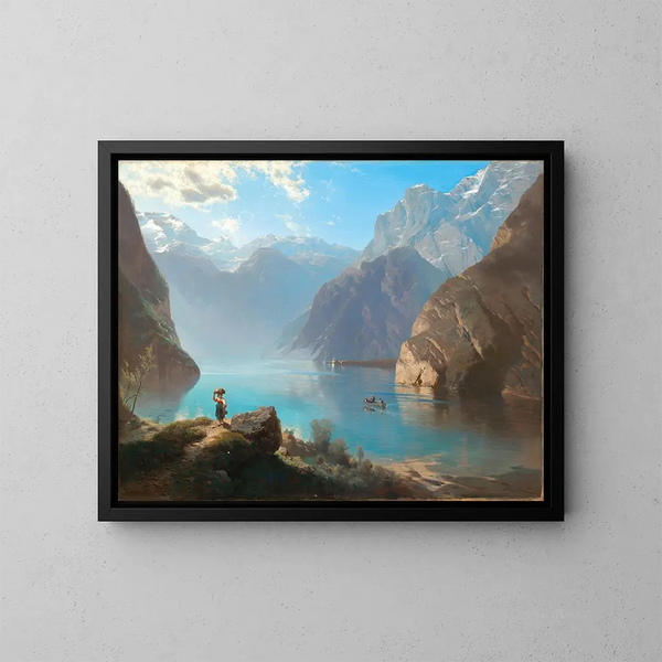 a scene on Lake Königssee with Saint Bartholomew - Leopold Heinrich Vöscher — framed artwork on a wall