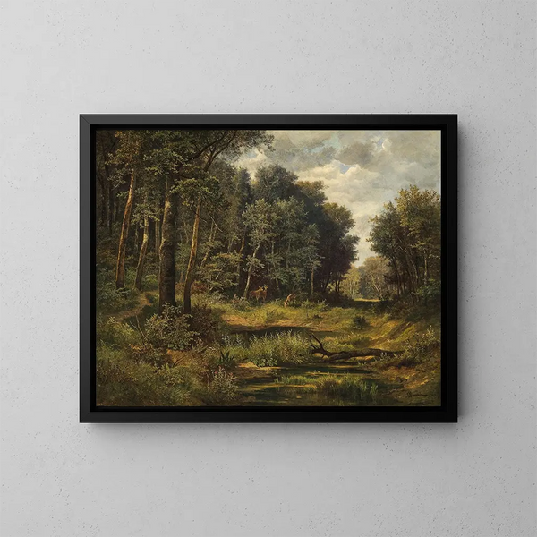 Deer at the edge of the forest pond - Leopold Munsch — framed artwork on a wall