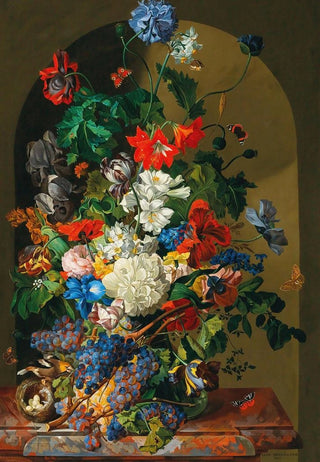 Leopold Zinngger - A large bouquet of flowers with a birds nest butterflies and grapes.webp