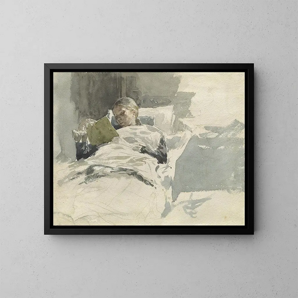La femme de l'artiste lisant au lit - Leopold von Kalckreuth — framed artwork on a wall