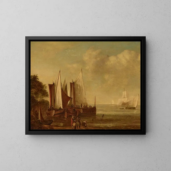 Barges à voile au large avec des figures sur la côte - Lieve Pietersz Verschuier — framed artwork on a wall