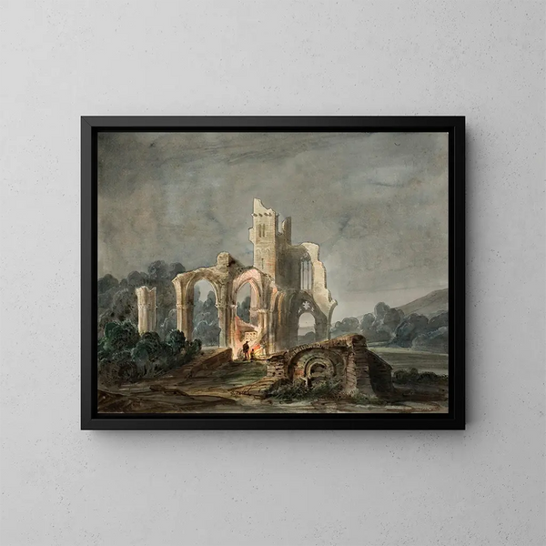 Night landscape painting with Gothic ruins - Lluís Rigalt — framed artwork on a wall