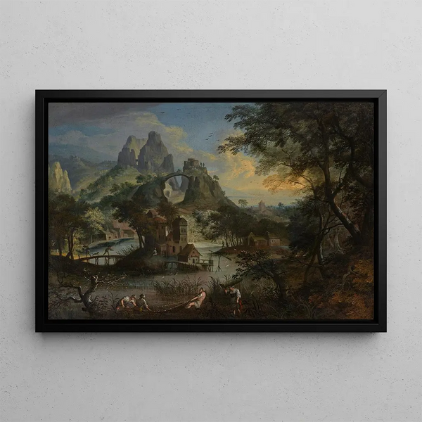 Lodewijk Toeput - Fishermen hauling in the catch in an extensive landscape a village beyond.webp