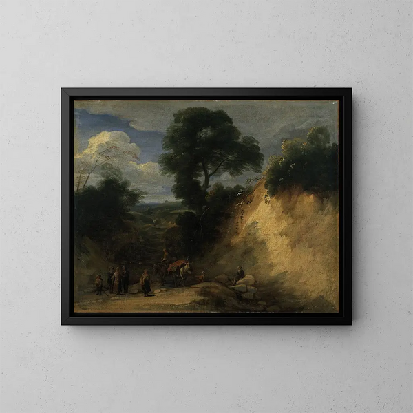 The Forest of Soignes with Market Vendors - Lodewijk de Vadder — framed artwork on a wall