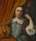 Portret van een meisje dat achter een oranje gordijn kijkt - Lodewijk van der Helst — weergave van het kunstwerk