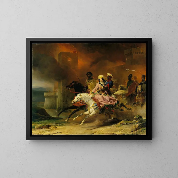 Rebecca and Brian de Bois-Guilbert Painting - Léon Cogniet — framed artwork on a wall