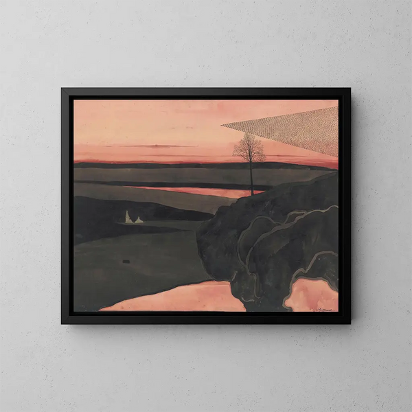 Landschapskunstdruk onder een schemerrood met migrerende vogels - Léon Spilliaert — ingelijst kunstwerk aan de muur