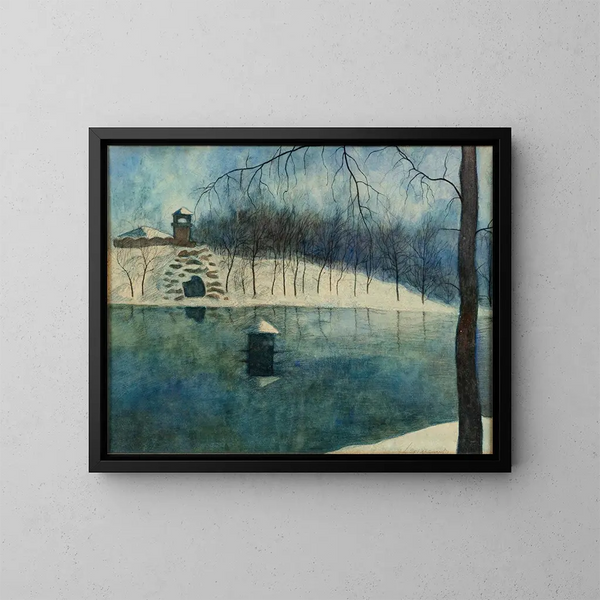 Leopoldpark van Oostende met de vijver en de Trinkhall onder de sneeuw - Léon Spilliaert — ingelijst kunstwerk aan de muur