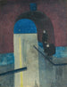 Een man en een vrouw die schuilen onder een boog van de Drie Gapers Oostende - Léon Spilliaert — weergave van het kunstwerk