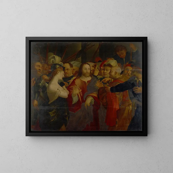 The Christ and the adulteress - Lorenzo Lotto — framed artwork on a wall