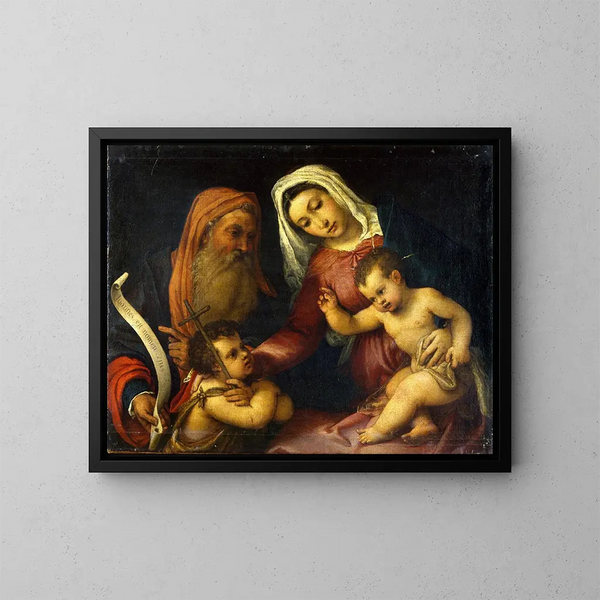 La Vierge et l'Enfant avec les saints Zacharie et Jean-Baptiste - Lorenzo Lotto — framed artwork on a wall