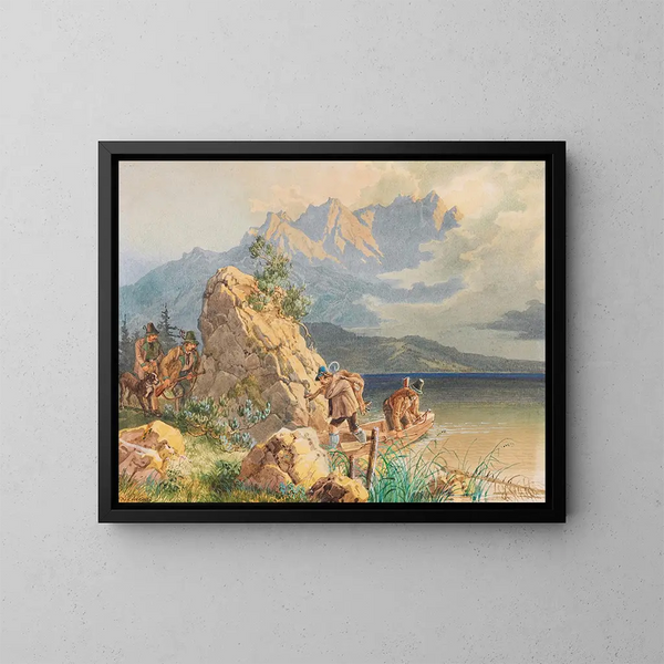 Jagers en stropers aan het Eibsee-meer bij de Zugspitze - Lorenzo Quaglio — ingelijst kunstwerk aan de muur