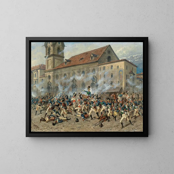 Karl Freiherr von Ditfurth fighting the Tyroleans in front of the hospital church in Innsbruck - Louis Braun — framed artwork on a wall