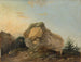 Een glooiend landschap met een grote rots en een herder en een herderin met hun kudde - Louis Gabriel Moreau — weergave van het kunstwerk