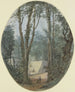 Landschapschilderij van een park met grote bomen en een uitzicht op een trap in het midden - Louis Gabriel Moreau — weergave van het kunstwerk