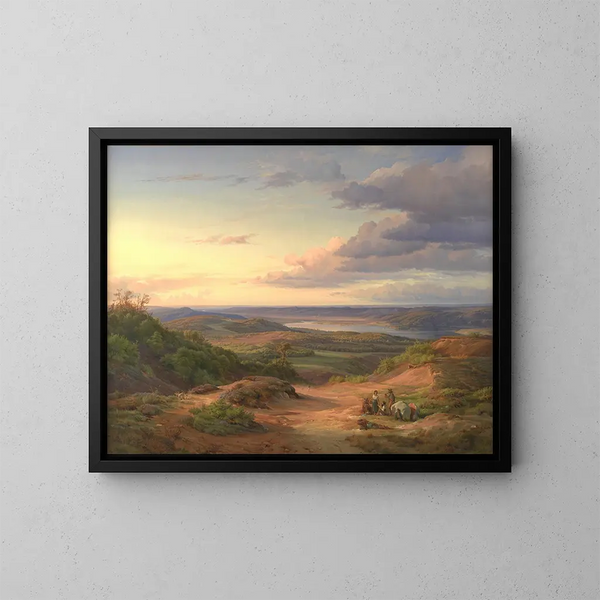 A landscape near Himmelbjerget, Jutland. In the foreground, a gypsy family. - Louis Gurlitt — framed artwork on a wall