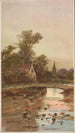 Pont sur un ruisseau avec un cottage et une église en arrière-plan - Louis Kinney Harlow — weergave van het kunstwerk