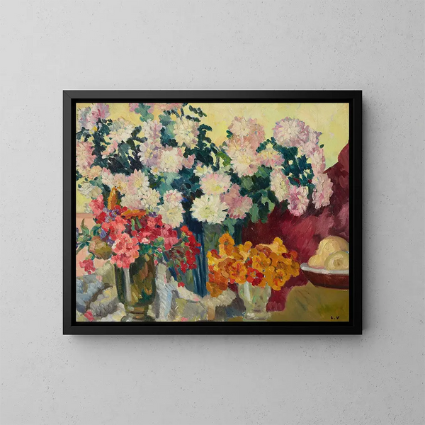 Drie vazen met bloemen en een bord met appels - Louis Valtat — ingelijst kunstwerk aan de muur