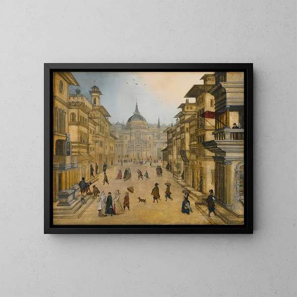 Elegant figures strolling through a Renaissance city - Louis de Caullery — framed artwork on a wall
