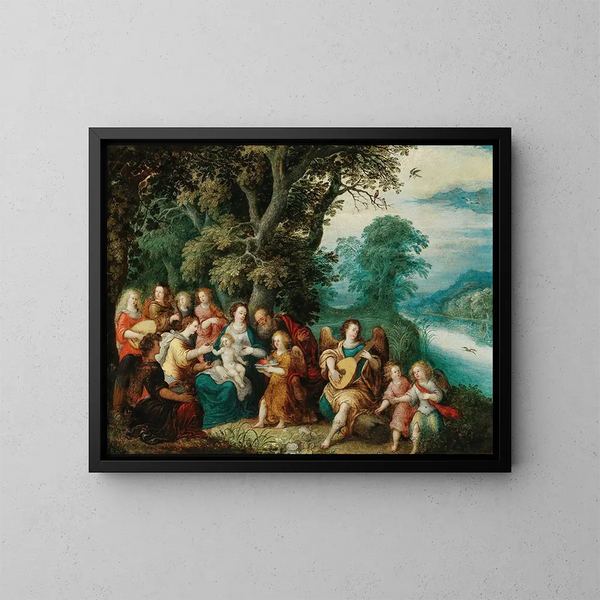 La Sainte Famille avec des anges musiciens dans un paysage - Louis de Caullery — framed artwork on a wall