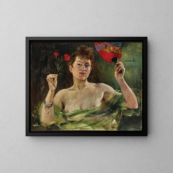 Meis met een waaier en anjers - Lovis Corinth — ingelijst kunstwerk aan de muur